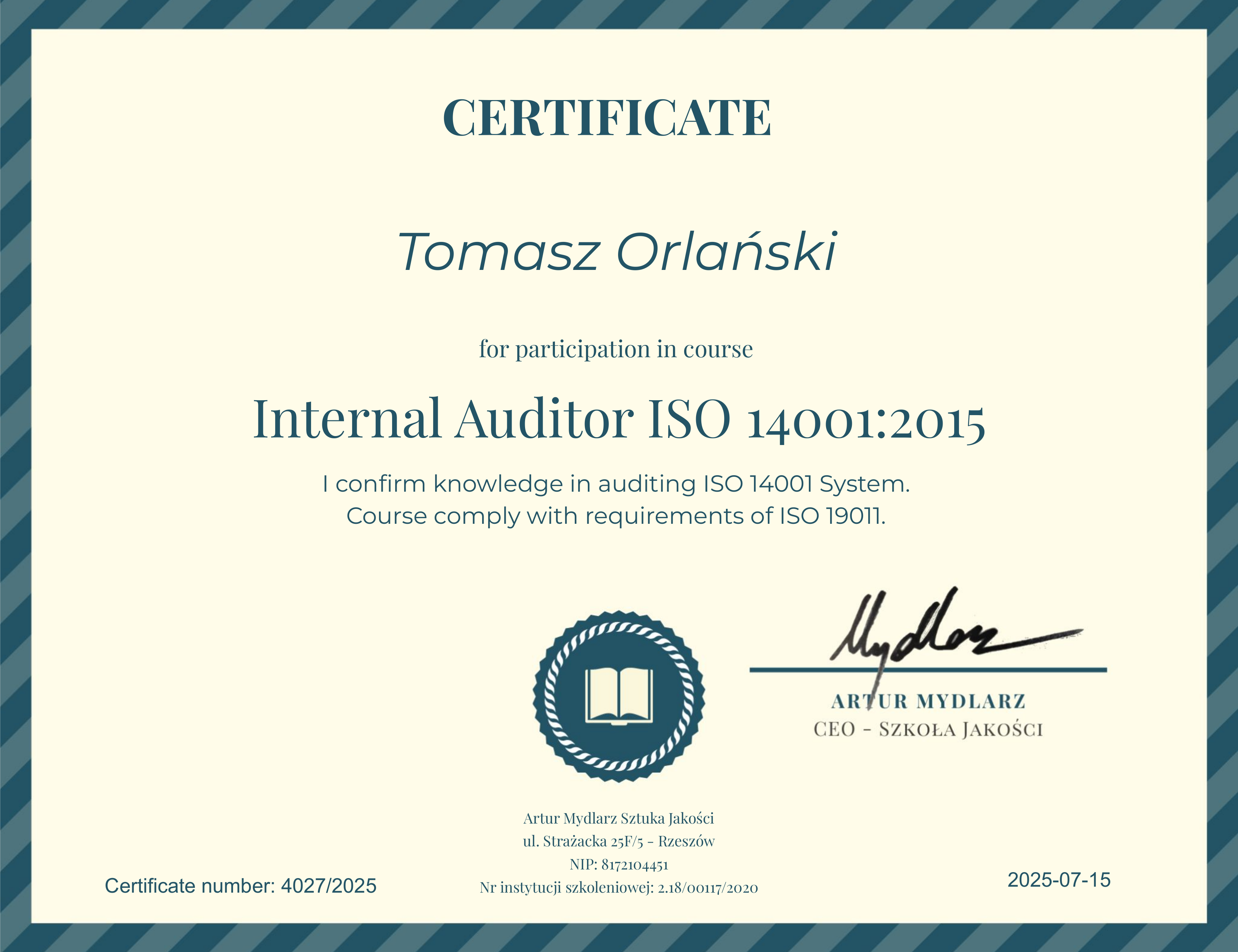 Certificate ISO 14001